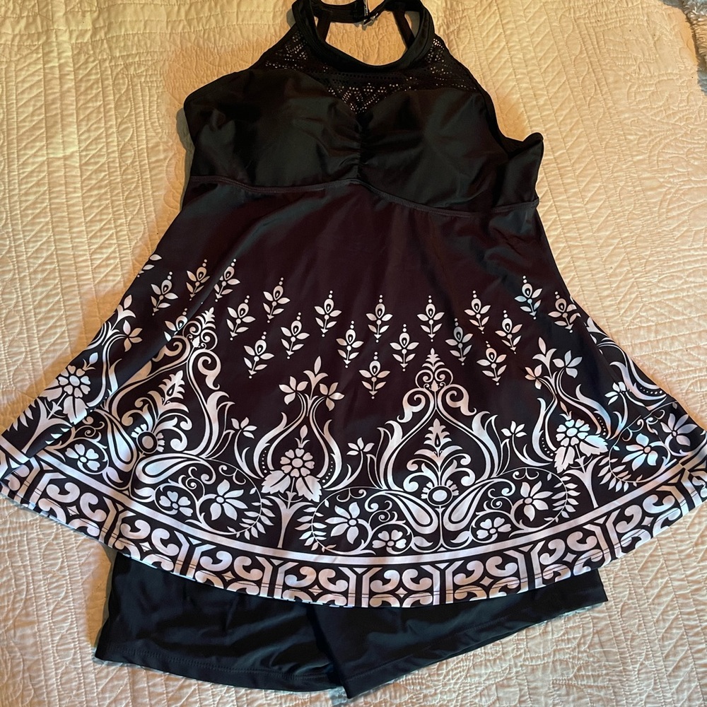 Black and White Swim Tankini with Shorts
